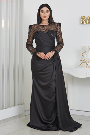 Furry Arms Beaded Linda Satin Evening Dress - Black - 1