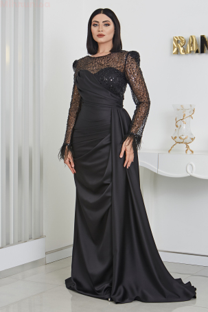 Furry Arms Beaded Linda Satin Evening Dress - Black - 4