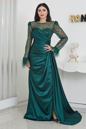 Furry Sleeve Beaded Linda Satin Evening Dress - Emerald 