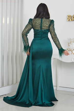 Furry Sleeve Beaded Linda Satin Evening Dress - Emerald - 2