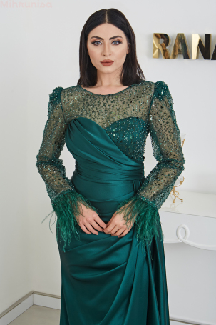 Furry Sleeve Beaded Linda Satin Evening Dress - Emerald - 3