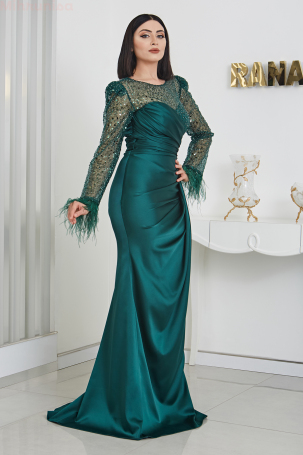 Furry Sleeve Beaded Linda Satin Evening Dress - Emerald - 4