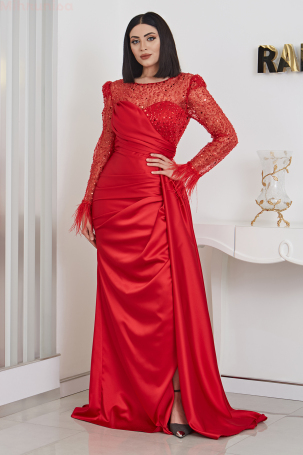 Furry Sleeve Stone Beaded Linda Satin Evening Dress - Red 