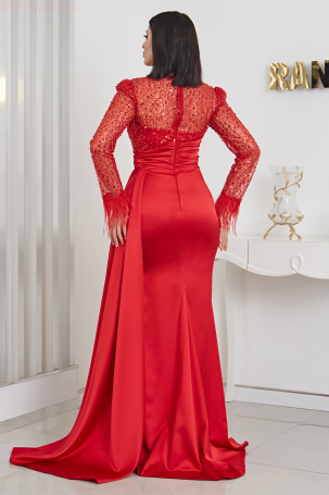 Furry Sleeve Stone Beaded Linda Satin Evening Dress - Red - 2