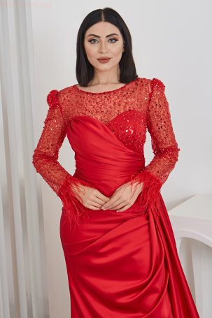 Furry Sleeve Stone Beaded Linda Satin Evening Dress - Red - 3