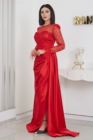 Furry Sleeve Stone Beaded Linda Satin Evening Dress - Red - 4