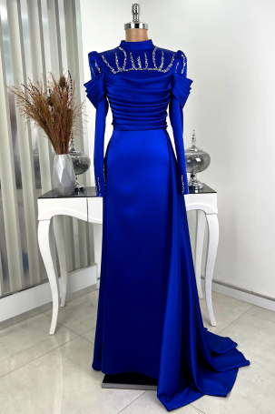 Kol Draped Front Stone Detailed Cape Tail Dream Evening Dress - Blue 