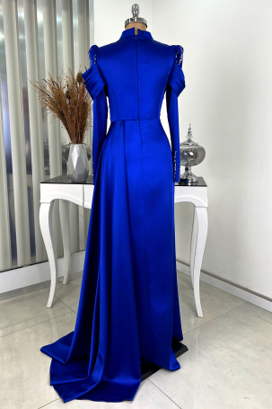 Kol Draped Front Stone Detailed Cape Tail Dream Evening Dress - Blue - 2