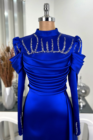 Kol Draped Front Stone Detailed Cape Tail Dream Evening Dress - Blue - 3