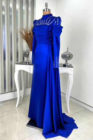 Kol Draped Front Stone Detailed Cape Tail Dream Evening Dress - Blue - 4