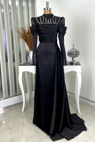 Kol Draped Front Stoned Cape Tail Detailed Dream Evening Dress - Black 