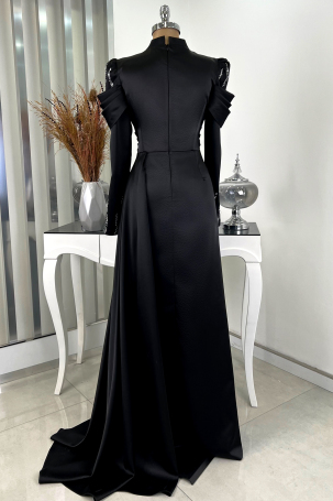 Kol Draped Front Stoned Cape Tail Detailed Dream Evening Dress - Black - 2