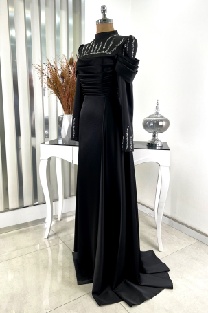 Kol Draped Front Stoned Cape Tail Detailed Dream Evening Dress - Black - 4