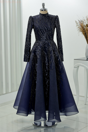 Midi Boy Embroidered Fluffy Venus Evening Dress - Navy Blue 