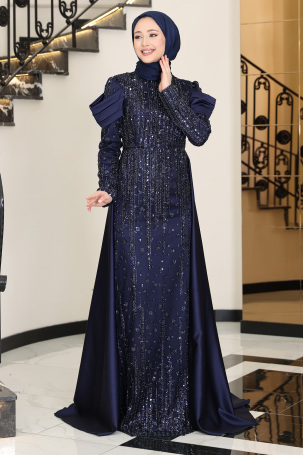 Navy Blue Magnolia Satin Evening Dress with Stone Embellishment and Sleeve Drapery Detail - Gamze Özkul