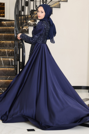 Navy Blue Magnolia Satin Evening Dress with Stone Embellishment and Sleeve Drapery Detail - 2