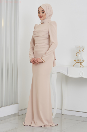 Önü Drape Detaylı Kolları Boncuklu Krep Eliza Abiye - Taş - 2