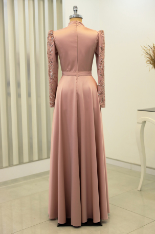 Pleated Skirt with Stone Detail on Front and Sleeves Çağla Evening Dress - Powder - 2