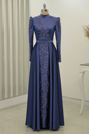 Pleated Skirt with Stone Embellished Details on Front and Sleeves Çağla Evening Dress - Indigo - 1