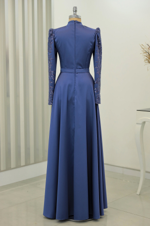 Pleated Skirt with Stone Embellished Details on Front and Sleeves Çağla Evening Dress - Indigo - 2