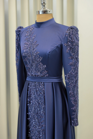 Pleated Skirt with Stone Embellished Details on Front and Sleeves Çağla Evening Dress - Indigo - 3