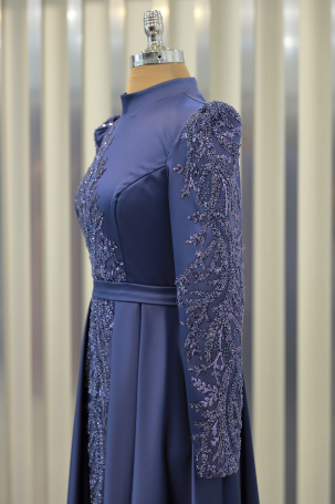 Pleated Skirt with Stone Embellished Details on Front and Sleeves Çağla Evening Dress - Indigo - 4