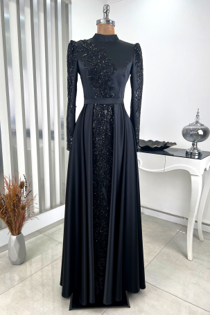 Pleated Skirt with Stone Embellished Front and Sleeves Cağla Evening Dress - Black - 1