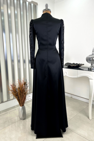 Pleated Skirt with Stone Embellished Front and Sleeves Cağla Evening Dress - Black - 2