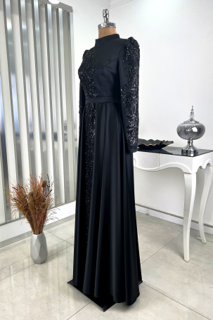 Pleated Skirt with Stone Embellished Front and Sleeves Cağla Evening Dress - Black - 4