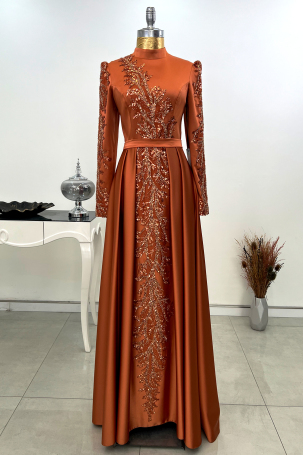 Pleated Skirt with Stone Embellished Front and Sleeves Cağla Evening Dress - Cinnamon - Rana Zenn