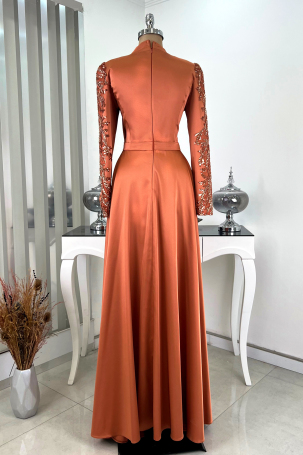 Pleated Skirt with Stone Embellished Front and Sleeves Cağla Evening Dress - Cinnamon - 2