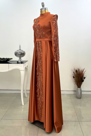 Pleated Skirt with Stone Embellished Front and Sleeves Cağla Evening Dress - Cinnamon - 3