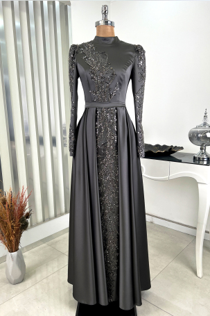 Pleated Skirt with Stone Embellished Front and Sleeves Çağla Evening Dress - Grey - 1