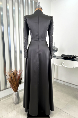 Pleated Skirt with Stone Embellished Front and Sleeves Çağla Evening Dress - Grey - 2