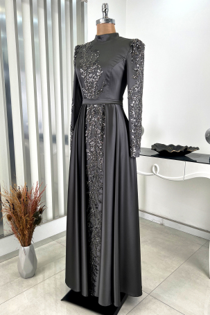 Pleated Skirt with Stone Embellished Front and Sleeves Çağla Evening Dress - Grey - 4