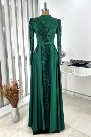 Pleated Skirt with Stone Embellished Front and Sleeves Detail Sage Green Evening Dress - Emerald 