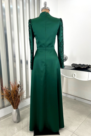 Pleated Skirt with Stone Embellished Front and Sleeves Detail Sage Green Evening Dress - Emerald - 2