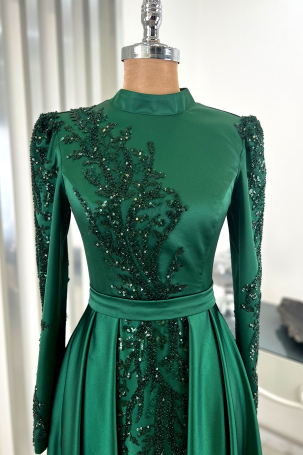 Pleated Skirt with Stone Embellished Front and Sleeves Detail Sage Green Evening Dress - Emerald - 3