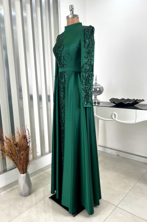 Pleated Skirt with Stone Embellished Front and Sleeves Detail Sage Green Evening Dress - Emerald - 4