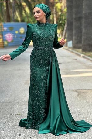 Portable Tailored Special Embroidered Satin Diva Evening Dress - Emerald - Rana Zenn