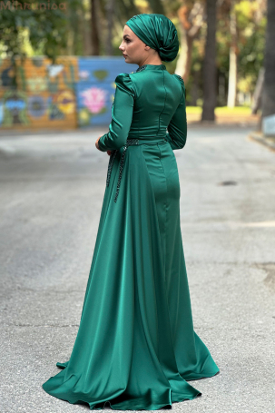 Portable Tailored Special Embroidered Satin Diva Evening Dress - Emerald - 2