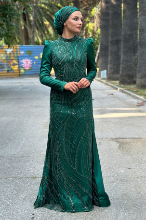 Portable Tailored Special Embroidered Satin Diva Evening Dress - Emerald - 4