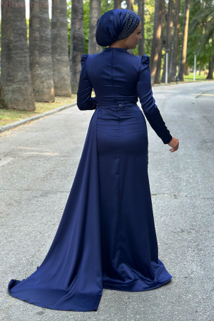 Portable Tailored Special Embroidered Satin Diva Evening Dress - Navy Blue - 2