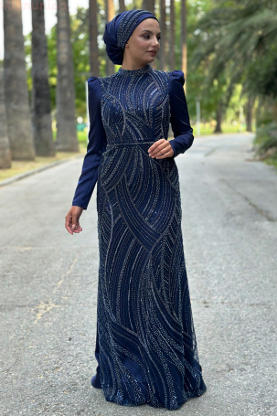 Portable Tailored Special Embroidered Satin Diva Evening Dress - Navy Blue - 4