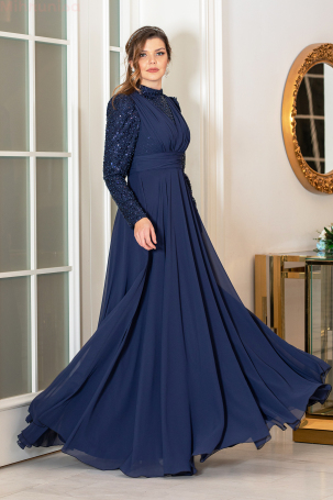 Pulpayet Detailed Chiffon Plus Size Arya Evening Dress - Navy Blue - 1