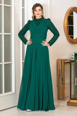 Pulpayet Detailed Chiffon Plus Size Arya Evening Gown - Emerald 