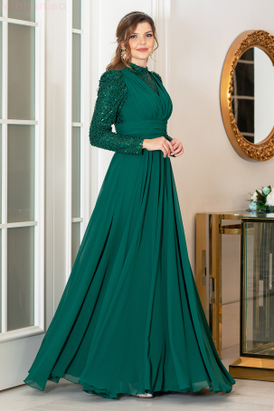 Pulpayet Detailed Chiffon Plus Size Arya Evening Gown - Emerald - 4