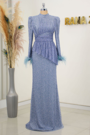 Rachelle Evening Dress with Draped Front, Feathered Sleeves, and Stone Details - Indigo 