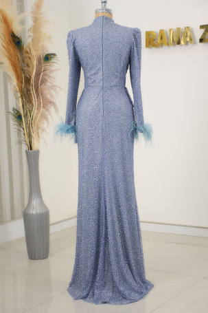 Rachelle Evening Dress with Draped Front, Feathered Sleeves, and Stone Details - Indigo - 2