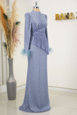 Rachelle Evening Dress with Draped Front, Feathered Sleeves, and Stone Details - Indigo - 4